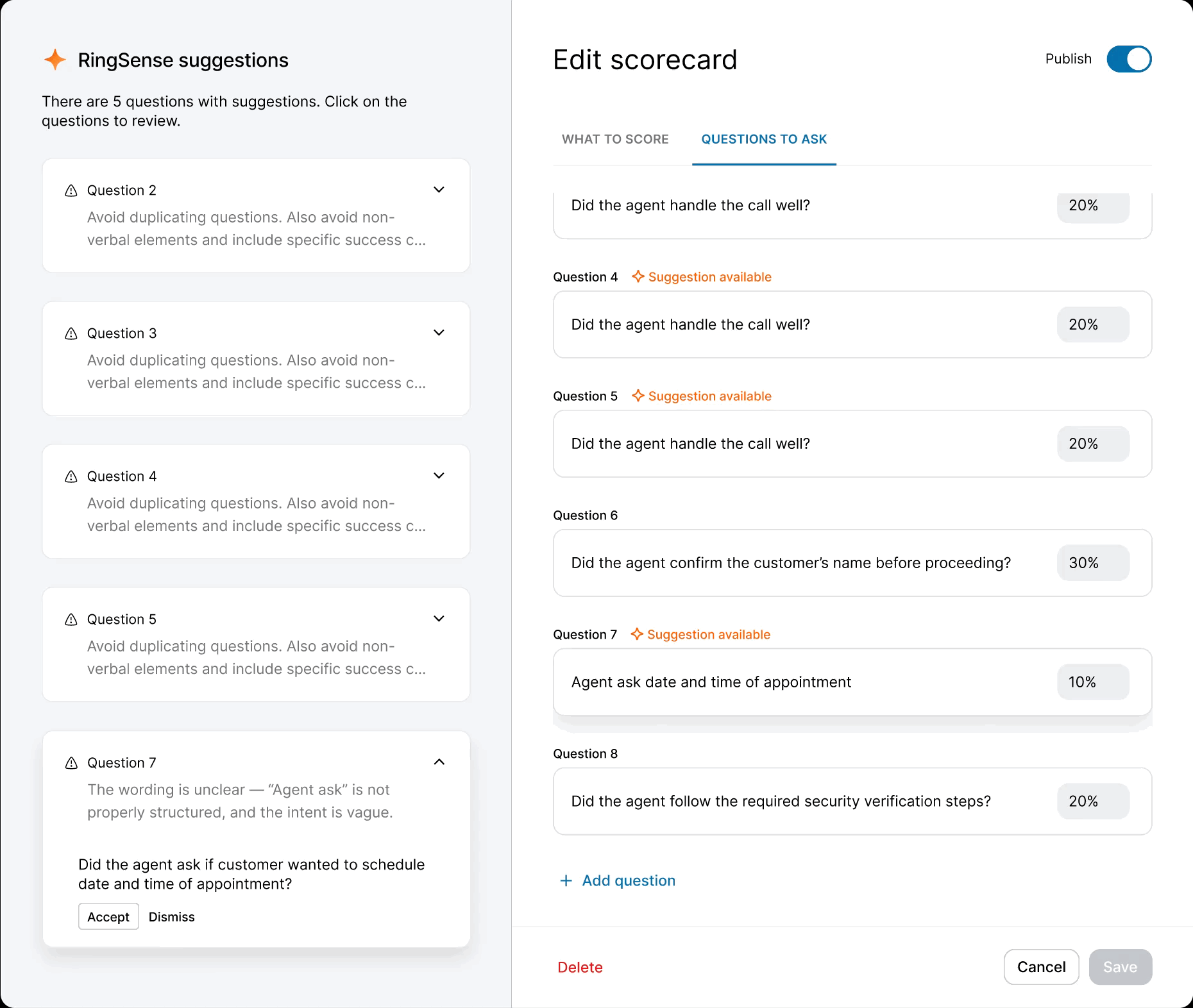 Scorecard design: interaction details and AI suggestions