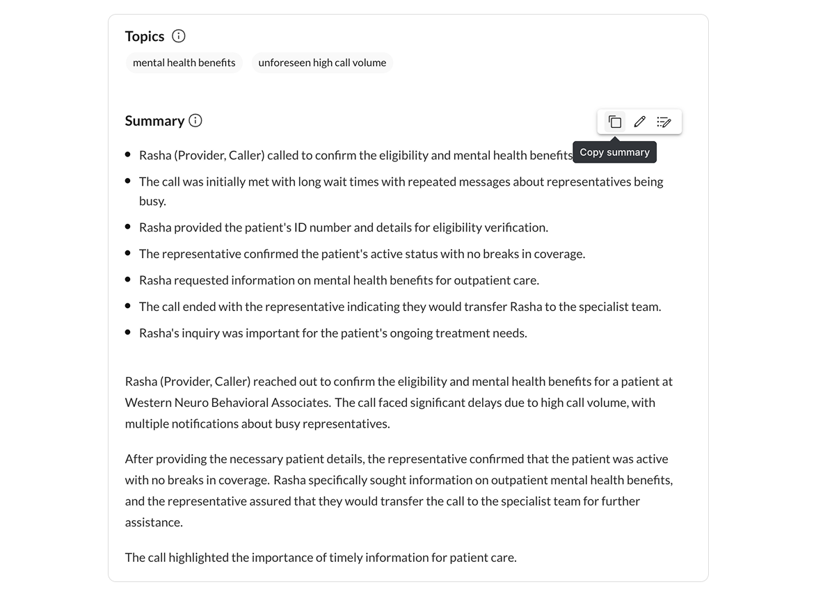 AI summary output: standard bulleted list and paragraphs for every summary